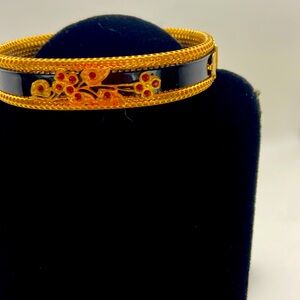 Antique gold mesh and onyx bangle bracelet with faux garnet stones